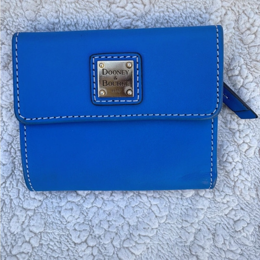 Dooney & Bourke Cobalt Blue Leather Trifold Wallet with Gold Plaque